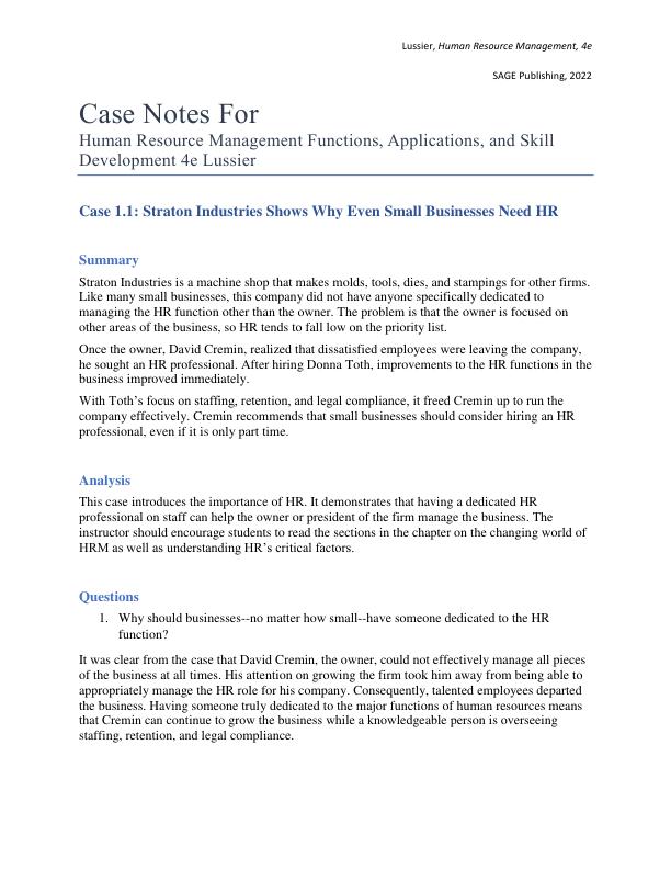 Case Notes for  Human Resource Management Functions, Applications, and Skill Development 4th Edition by Robert N. Lussier