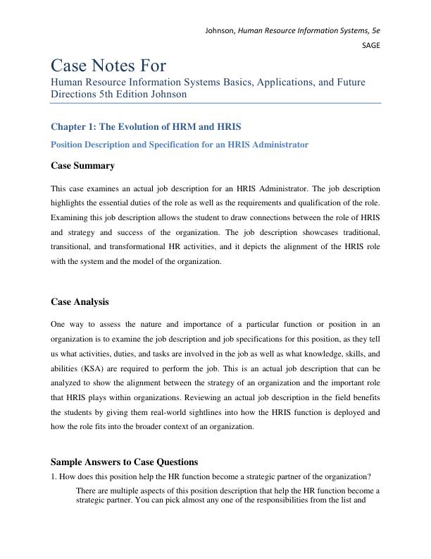 Case Notes For Human Resource Information Systems Basics, Applications, and Future Directions 5th Edition Johnson