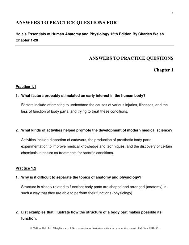 ANSWERS TO PRACTICE QUESTIONS FOR Hole's Essentials of Human Anatomy and Physiology 15th Edition By Charles Welsh