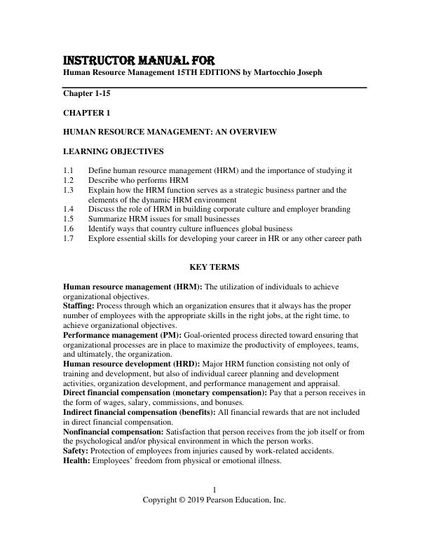 Instructor Manual for Human Resource Management 15th Edition by Martocchio Joseph