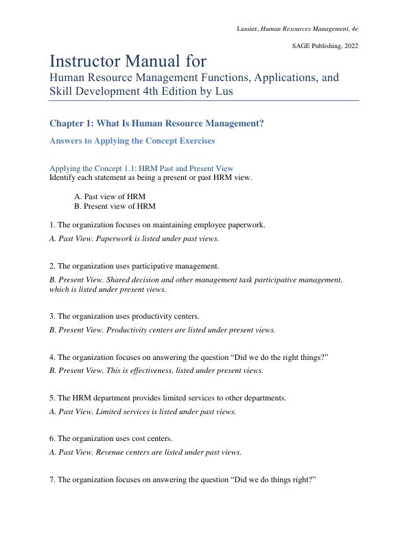 Instructor Manual for Human Resource Management Functions, Applications, and Skill Development 4th Edition by Robert N. Lussier