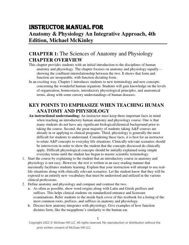 Instructor Manual For Anatomy & Physiology An Integrative Approach, 4th Edition, Michael McKinley