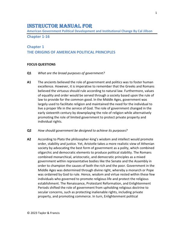 Instructor Manual for American Government Political Development and Institutional Change 12th Edition By Cal Jillson