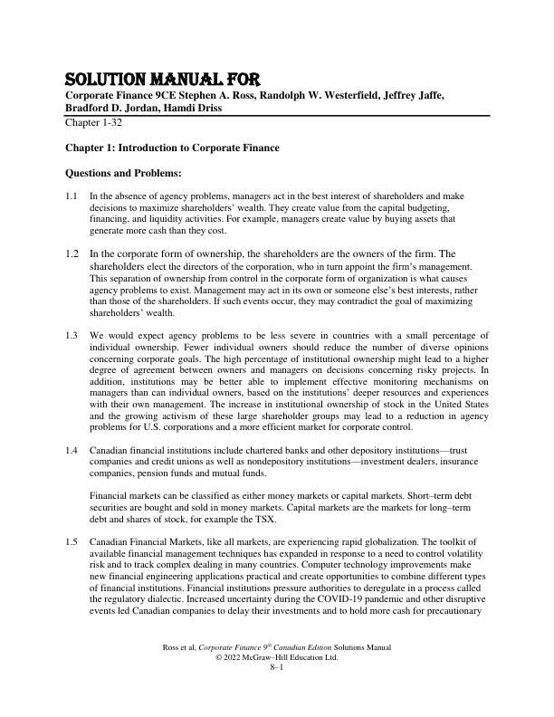 Solution Manual for Corporate Finance 9th Canadian Edition by Stephen A. Ross, Randolph W. Westerfield, Jeffrey Jaffe, Bradford D. Jordan, Hamdi Driss