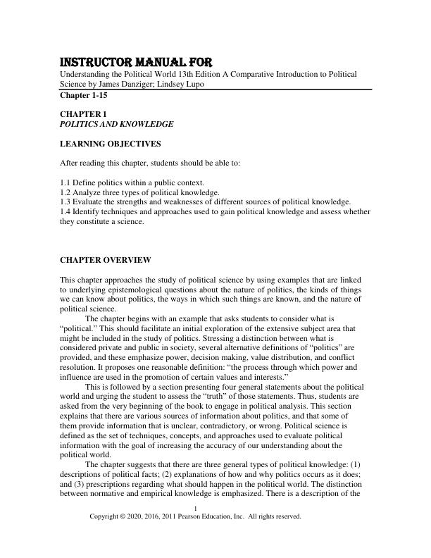 Instructor Manual for Understanding the Political World 13th Edition A Comparative Introduction to Political Science by James Danziger; Lindsey Lupo