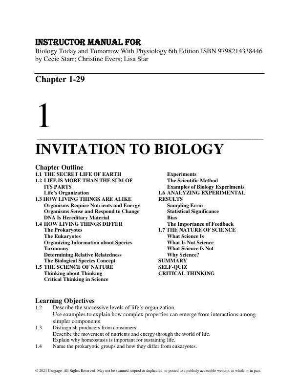 Instructor Solution Manual for Biology Today and Tomorrow With Physiology 6th Edition ISBN