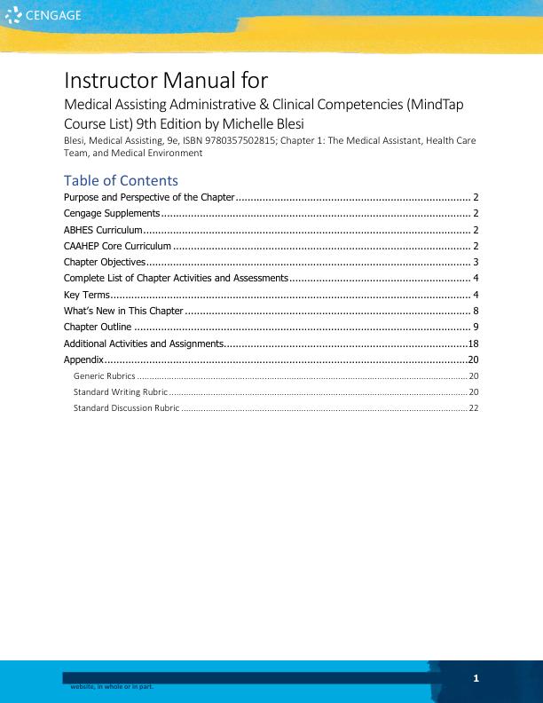Instructor Manual for SM TB Medical Assisting Administrative & Clinical Competencies (MindTap