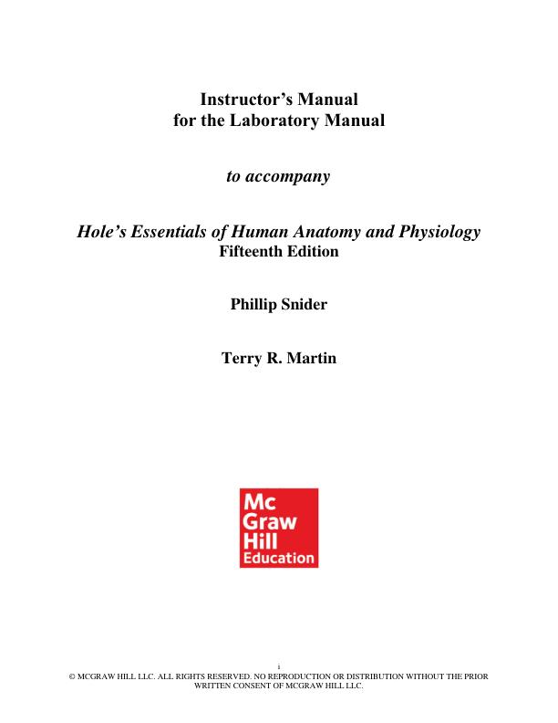 Instructor’s Manual for the Laboratory Manual For Hole's Essentials of Human Anatomy and Physiology 15th Edition By Charles Welsh
