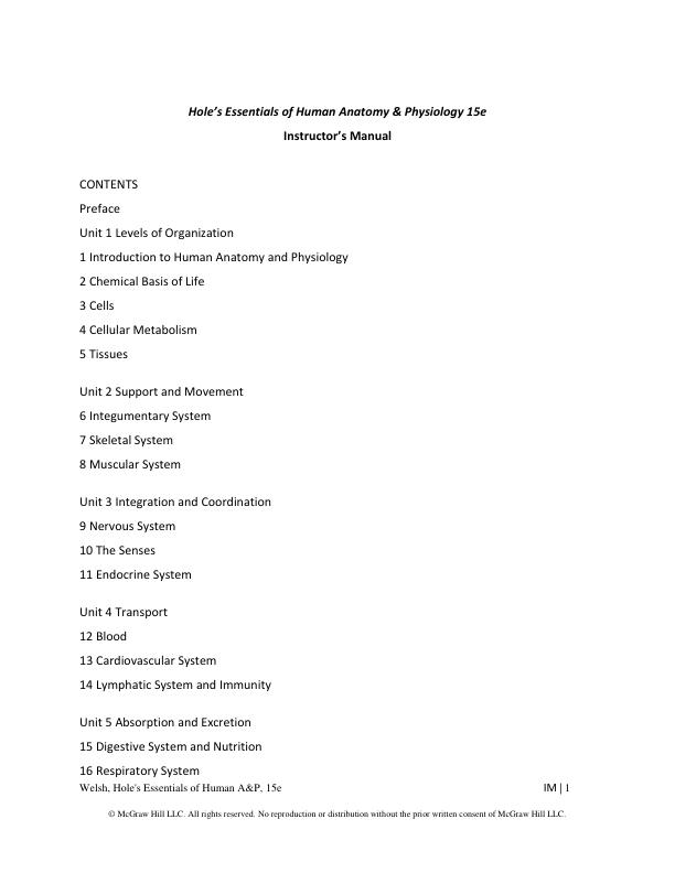 Instructor’s Manual For Hole's Essentials of Human Anatomy and Physiology 15th Edition By Charles Welsh