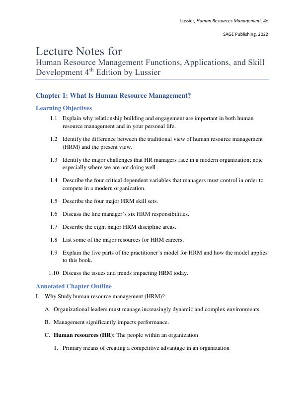 Lecture Notes for  Human Resource Management Functions, Applications, and Skill Development 4th Edition by Robert N. Lussier