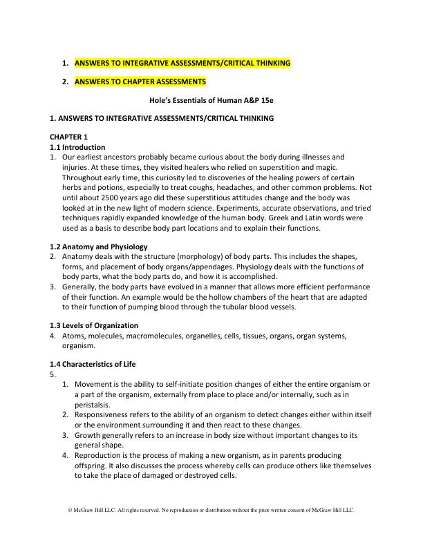 INTEGRATIVE and Chapter Hole's Essentials of Human Anatomy and Physiology 15th Edition By Charles Welsh Chapter 1-20