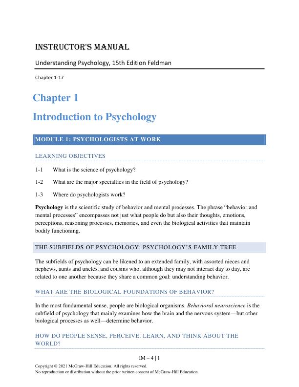 Instructor's Solution Manual for Understanding Psychology, 15th Edition by Robert Feldman