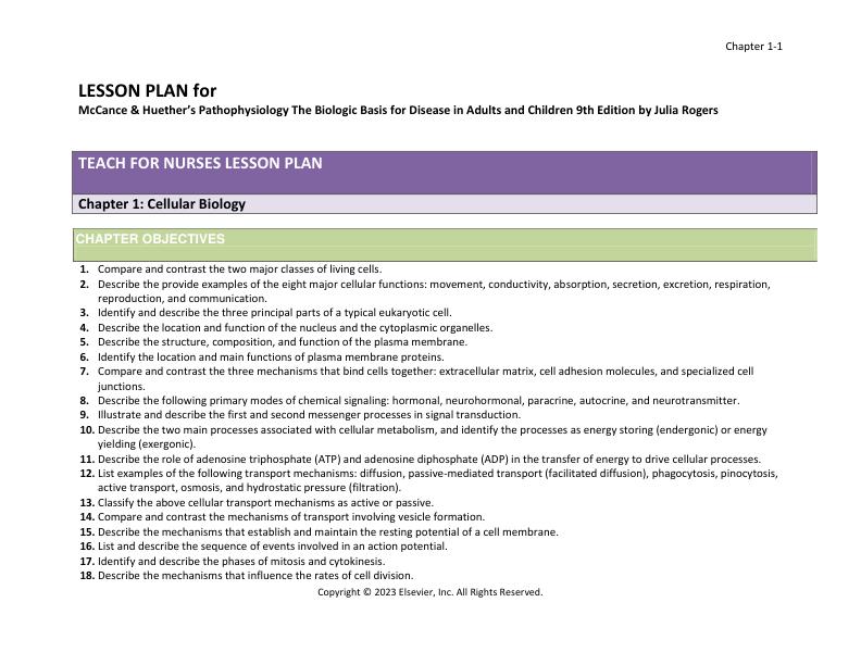 Nursing Lesson Plan McCance & Huether’s Pathophysiology The Biologic Basis for Disease in Adults and Children 9th Edition by Julia Rogers