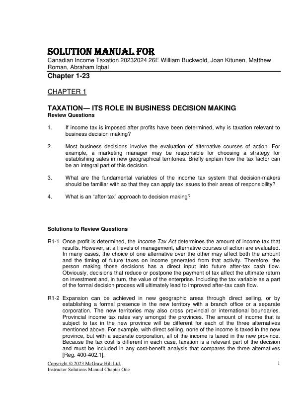 Solution Manual for Canadian Income Taxation 20232024 26th Edition by William Buckwold, Joan Kitunen, Matthew Roman, Abraham Iqbal