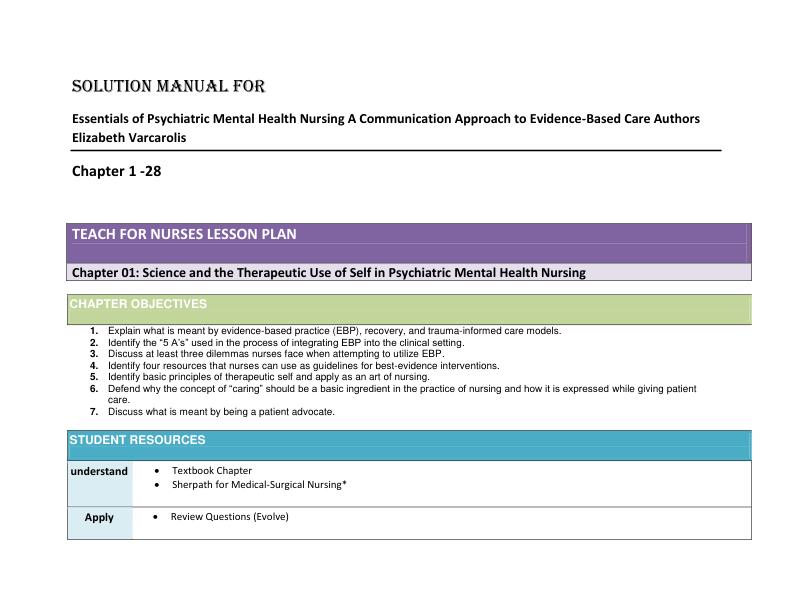 Solution Manual  Essentials of Psychiatric Mental Health Nursing A Communication Approach to Evidence-