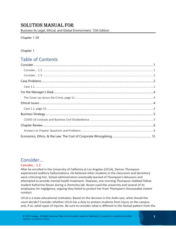 Solution Manual for Business Its Legal, Ethical, and Global Environment, 12th Edition by Marianne M. Jennings