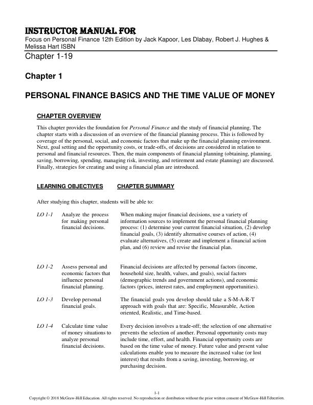 Instructor Manual for Focus on Personal Finance 12th Edition by Jack Kapoor, Les Dlabay, Robert J. Hughes & Melissa Hart ISBN-13 ‎978-1259720680