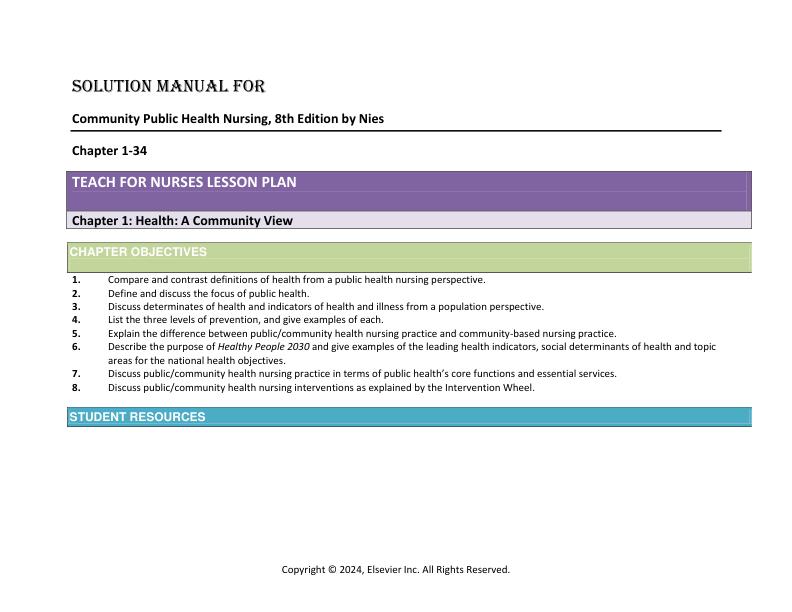Solution Manual For CommunityPublic Health Nursing, 8th Edition by Nies