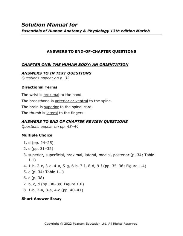 Solution Manual for Essentials of Human Anatomy & Physiology 13th Edition Marieb