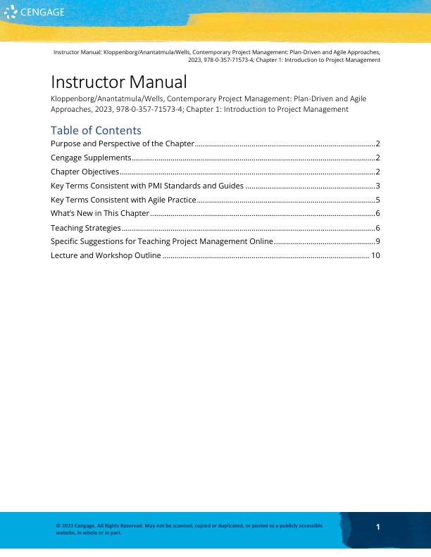 Solution Manual for Contemporary Project Management Plan-Driven and Agile Approaches, 5th Edition by Kloppenborg, Anantatmula, Wells