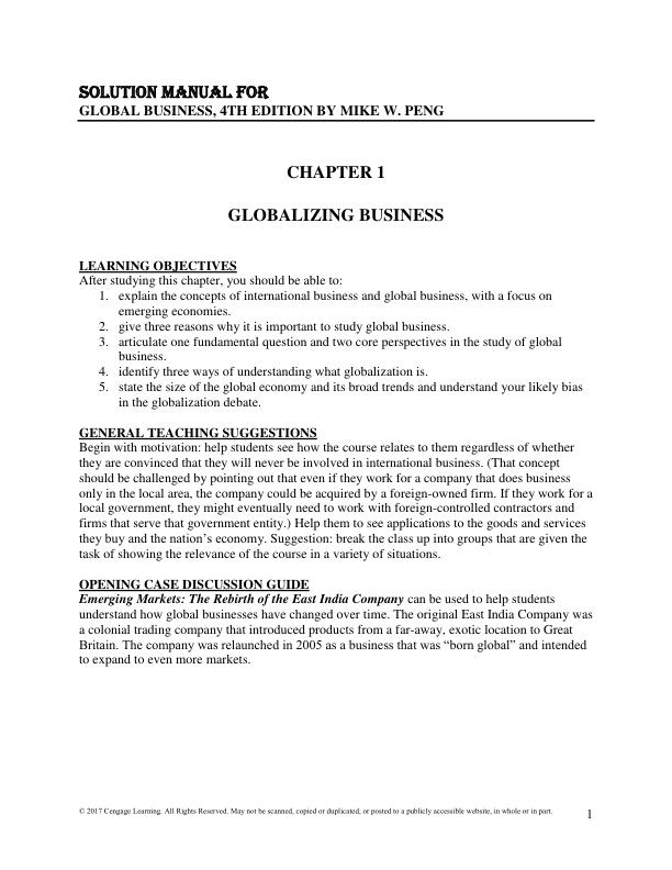 SOLUTION MANUAL FOR GLOBAL BUSINESS, 4TH EDITION BY MIKE W. PENG