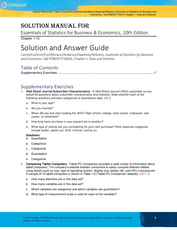 Solution Manual for Essentials of Statistics for Business & Economics, 10th Edition by Camm, Cochran, Fry, Ohlmann, Anderson, Sweeney, Williams