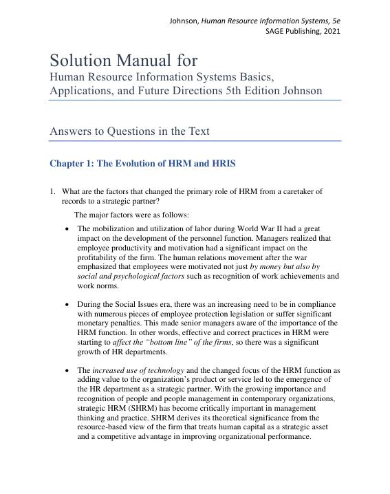 Solution Manual for Human Resource Information Systems Basics, Applications, and Future Directions 5th Edition by Richard D. Johnson; Kevin D. Carlson; Michael J. Kavanagh