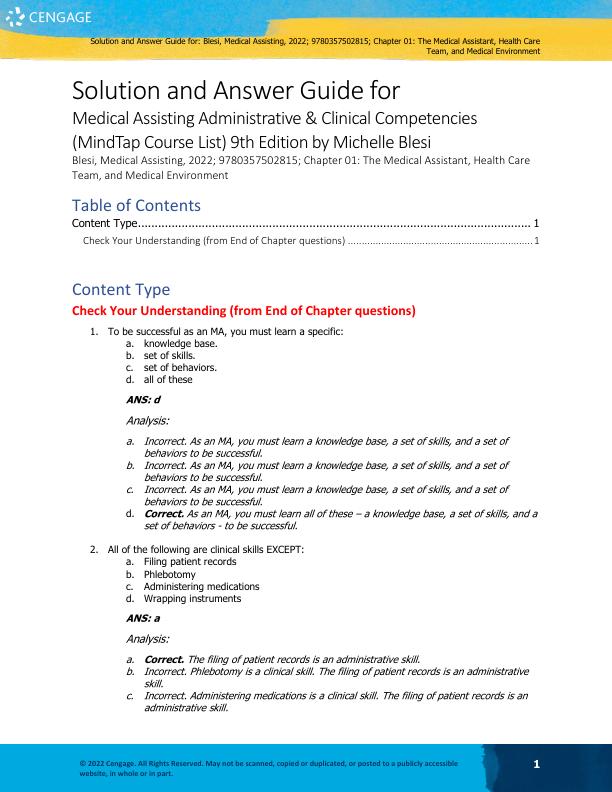 Solution Manual for Medical Assisting Administrative & Clinical Competencies (MindTap Course List) 9th Edition by Michelle Blesi Chapter 1-58