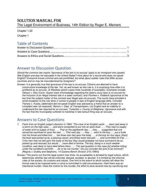 Solution Manual for The Legal Environment of Business, 14th Edition by Roger E. Meiners