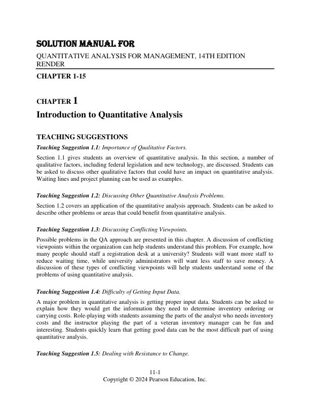 Solution Manual for Quantitative Analysis for Management, 14th edition by Barry Render, Ralph M. Stair Jr, Michael E. Hanna, Trevor S. Hale