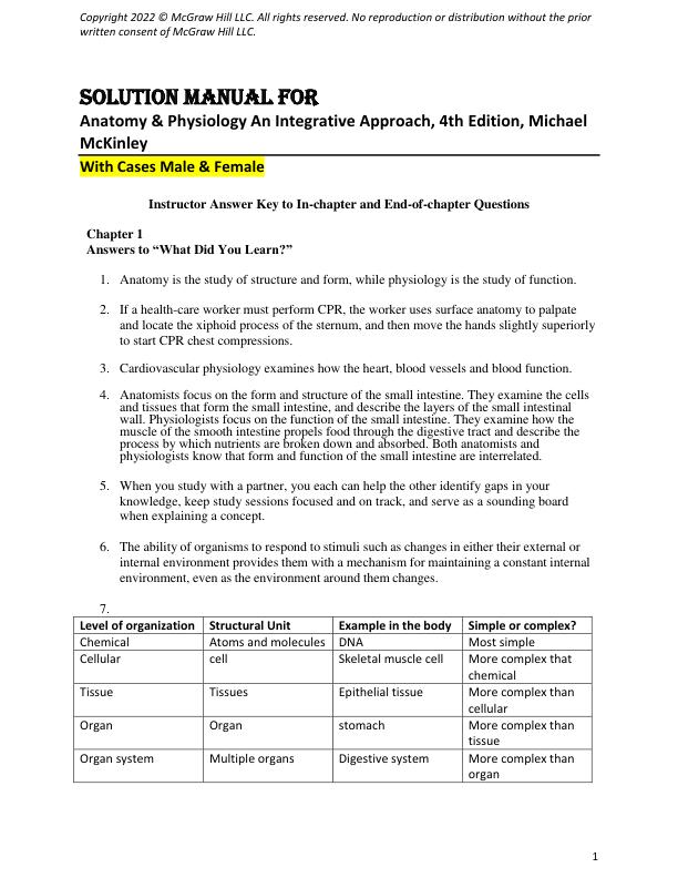 Solution Manual with cases For Anatomy & Physiology An Integrative Approach, 4th Edition, Michael McKinley