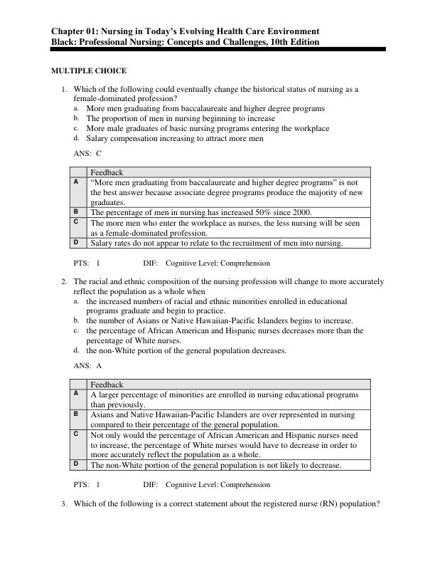 Test Bank For Black Professional Nursing, 10th Edition Chapter 1-16