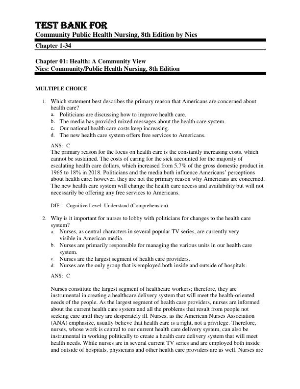 Test Bank For CommunityPublic Health Nursing, 8th Edition by Nies Chapter 1-34