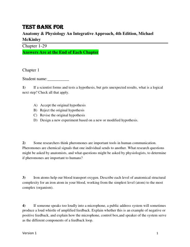 Test Bank For Anatomy & Physiology An Integrative Approach, 4th Edition, Michael McKinley