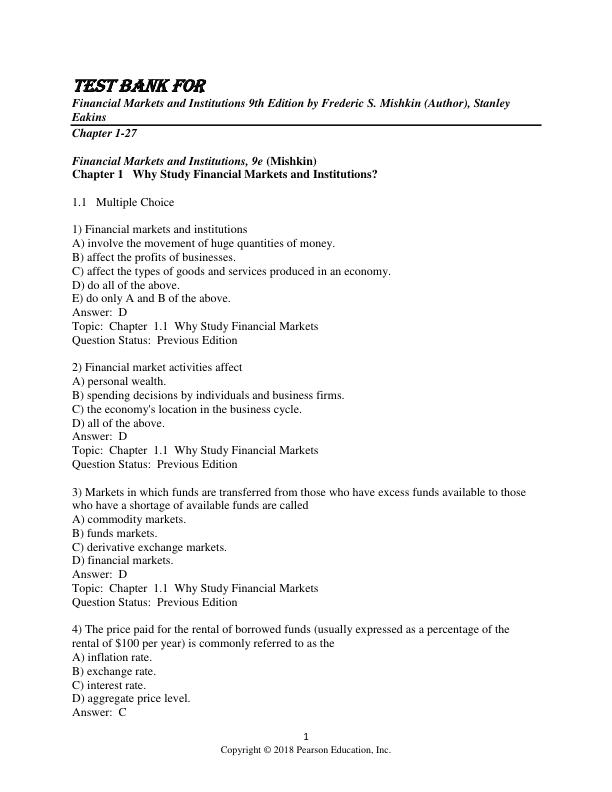 Test Bank for Financial Markets and Institutions 9th Edition by Frederic S. Mishkin, Stanley Eakins