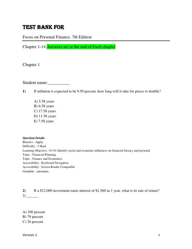 Test Bank for Focus on Personal Finance, 7th Edition by Jack R. Kapoor