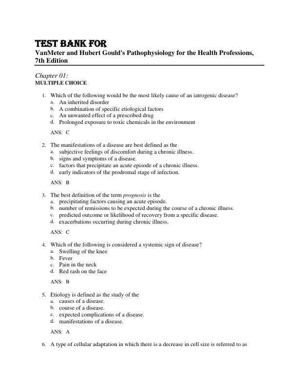 Test Bank For Gould's Pathophysiology for the Health Professions, 7th Edition by Karin C. VanMeter; Robert J Hubert
