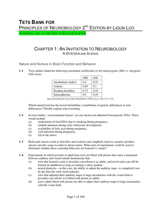 TEST BANK FOR PRINCIPLES OF NEUROBIOLOGY 2 ND EDITION BY LIQUN LUO