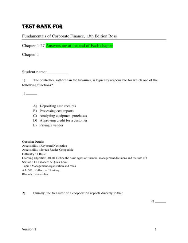 Test Bank for Fundamentals of Corporate Finance, 13th Edition by Stephen Ross, Randolph Westerfield, Bradford Jordan