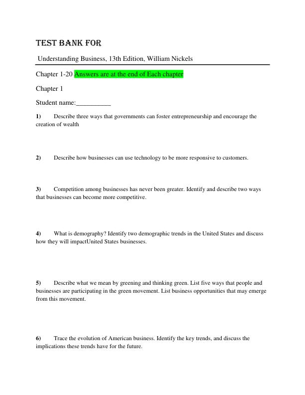Test Bank for Understanding Business, 13th Edition by William Nickels, Jim McHugh, Susan Mc