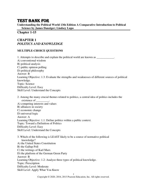 Test Bank for Understanding the Political World 13th Edition A Comparative Introduction to Political Science by James Danziger; Lindsey Lupo