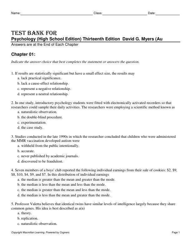 Test Bank For Psychology (High School Edition) Thirteenth Edition by David G. Myers, C. Nathan DeWall