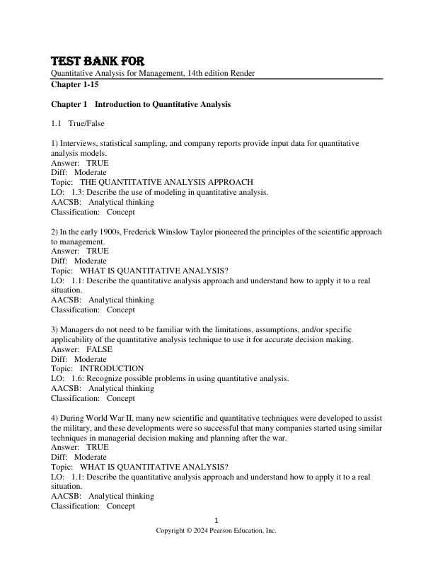 Test Bank Quantitative Analysis for Management, 14th edition by Barry Render, Ralph M. Stair Jr, Michael E. Hanna, Trevor S. Hale