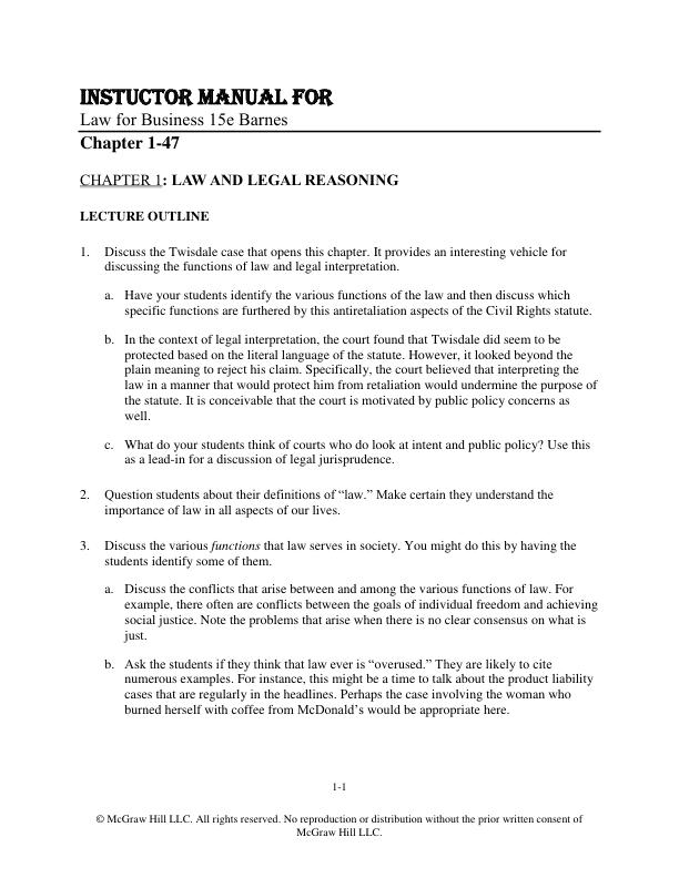Instructor Solution Manual for Law for Business 15th Edition Barnes Chapter 1-47