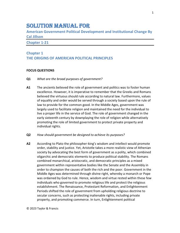 Instructor's Manual for American Government Political Development and Institutional Change By Cal Jillson
