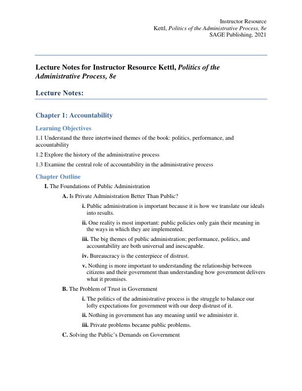 Lecture Notes for Politics of the Administrative Process, 8th Edition by Kettl Donald