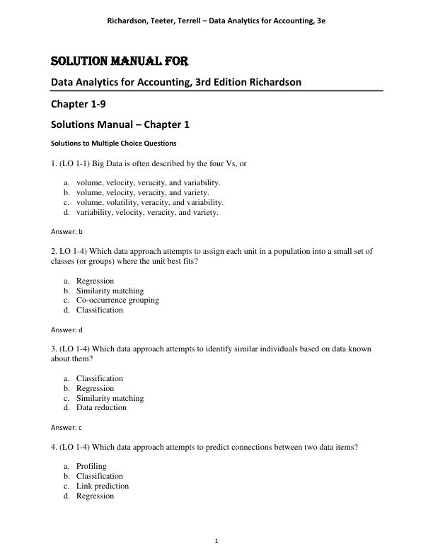 Solution Manual For Data Analytics for Accounting, 3rd Edition Richardson