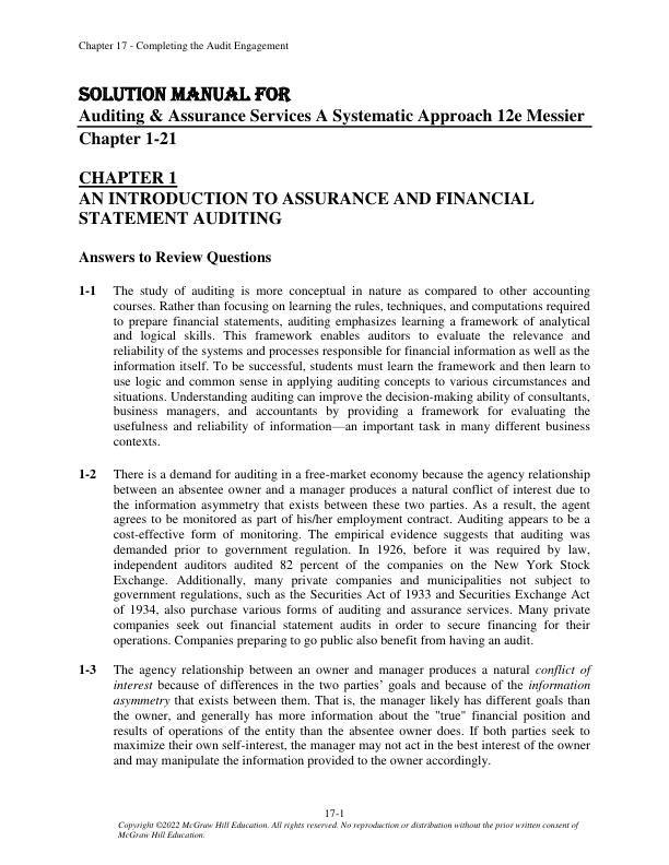 Solution Manual for Auditing & Assurance Services A Systematic Approach 12th Edition by William Messier Jr, Steven Glover, Douglas Prawit