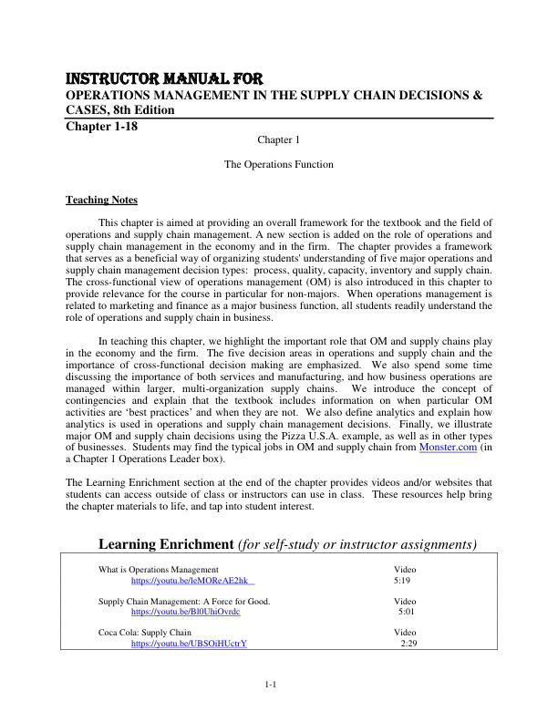 Instructor Manual For OPERATIONS MANAGEMENT IN THE SUPPLY CHAIN DECISIONS & CASES, 8th Edition by Roger Schroeder and Susan Goldstein
