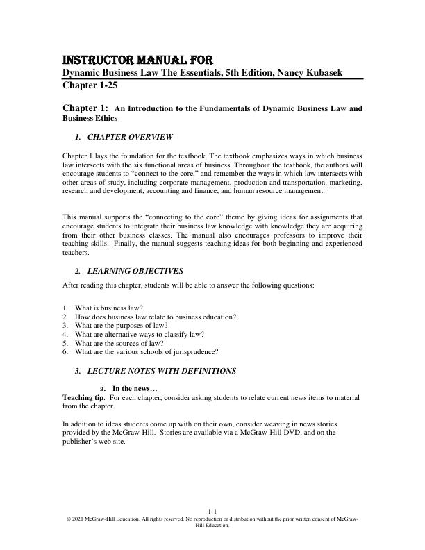 Instructor Solution Manual For Dynamic Business Law The Essentials, 5th Edition, Nancy Kubasek
